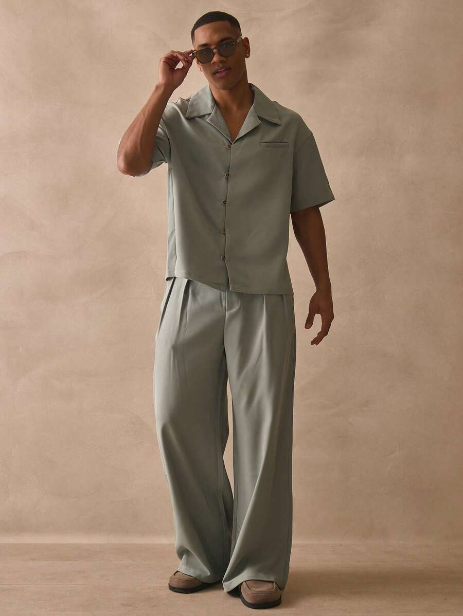 Musero 宽松修身时尚重褶西裤，隐形拉链，春夏必备下装 - 軍綠色 - 查看 1