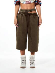 SUMWON WOMEN 女士高腰阔腿抽绳短裤，双层腰带设计，橄榄绿休闲夏季棉质百慕大裤 - 棕色 - 查看 1