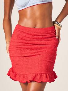 MISSGUIDED Red Ruched Bodycon Mini Skirt With Frill Hem Detail For Summer Beach Party Vacation Casual - Red - View 2