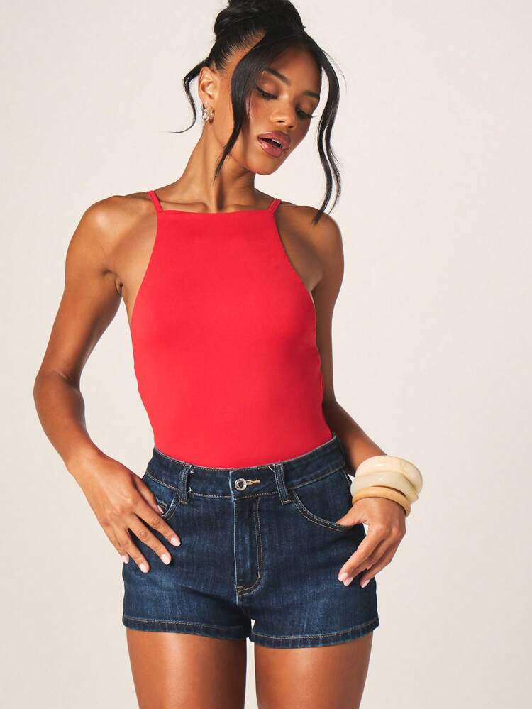 MISSGUIDED Body aderente da donna con collo alto, spalline, schiena scoperta, senza maniche, adatto per l'estate, feste e discoteca, top canotta rosso con laccetti al collo, casual
