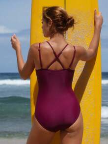 Swim SPRTY 女士连体泳衣，配有可调节肩带和荷叶边装饰，腰部采用弹力蕾丝拼接设计 - 酒紅色 - 查看 4