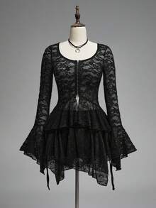 ROMWE Gothic Spider Web Lace Sheer Fitted Women Blouse - Black - View 1