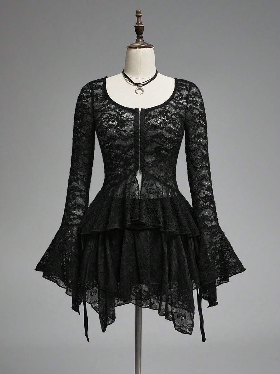 ROMWE Gothic Spider Web Lace Sheer Fitted Women Blouse - Black - View 1