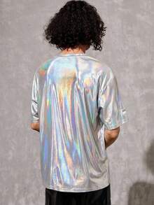 Manfinity Unisex 1 Stück Oversized holografisches T-Shirt mit Dropped Shoulder - Silber - Übersicht 2