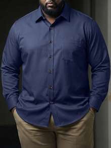 ResortEase Plus Size Men's Solid Color Single-Breasted Pocket Business Casual Long Sleeve Shirt, For Fall - Navy Blue - View 1