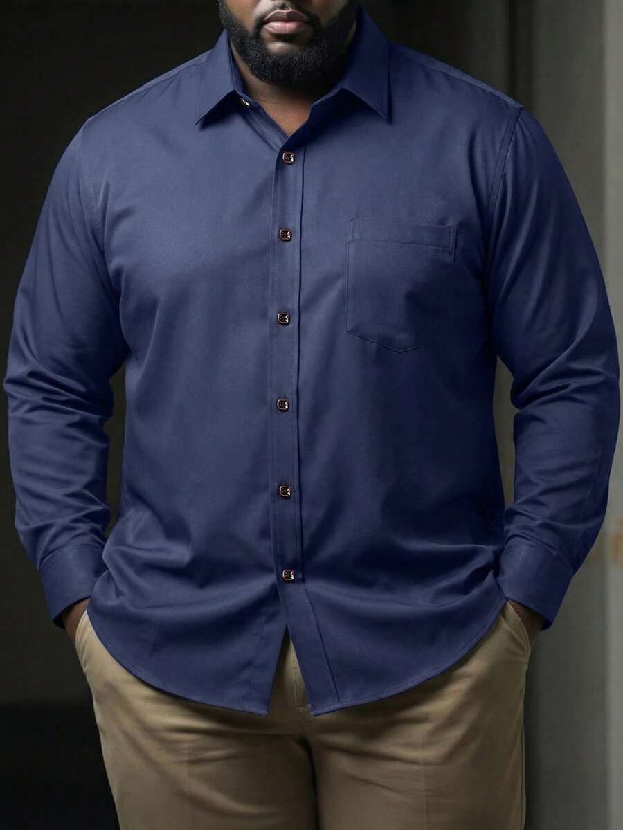 ResortEase Plus Size Men's Solid Color Single-Breasted Pocket Business Casual Long Sleeve Shirt, For Fall - Navy Blue - View 1