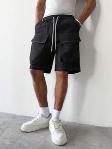 Manfinity Hypemode Men's Summer Casual Woven Drawstring Waist Cargo Shorts - Black - View 4