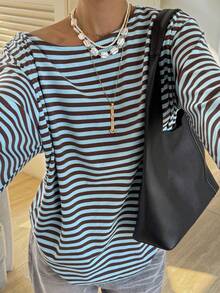 DAZY Women's Cotton Solid Color Spring Holiday Crew Neck Loose Long Sleeve Long T-Shirt - Blue - View 4