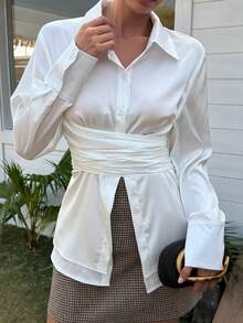 DAZY Blusa blanca elegante y ajustada con cuello para mujer - Blanco - Ver 2