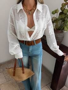 DAZY 女士宽松翻领镂空衬衫 - 白色 - 查看 6