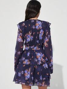 Aveloria Modichic European And American Elegant Commuter Lightweight Chiffon Ruffled Waist Round Neck Women's Long Sleeve Printed Mid-Length Dress - Multicolor - View 2