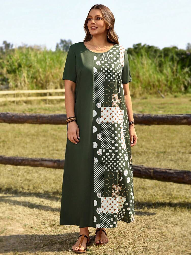 Plus Size Women's Summer Casual Vacation Country Green Polka Dot Dress Loose Fit Short Sleeve Round Neckline Holiday Style Long Summer Dress,Summer Outfits For Women ,Vacation Outfits Women ,Holiday Outfits For Women,Going Out Outfits,2026 New Clothes,Simple And Fashionable For Everyday Wear,Suitable For Summer, Vacation, Daily Wear, Festival Outfits For Women,Country Concert Outfit,Beach Outfits For Women,Western Style,Flowy Dress