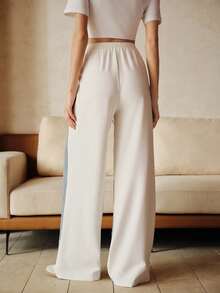 Anewsta 女士休闲嘻哈街头风做旧拼接白色运动裤 - 藍白色 - 查看 2