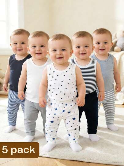 SHEIN Playful Pals 3pcs/Set Infant Boys' Basic Striped, Solid Color, Round Neck Sleeveless Tops, Summer