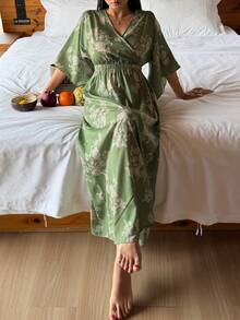 DAZY 度假風花卉印花荷葉邊收腰長款女式睡袍 夏季睡衣 - 綠色 - 查看 1