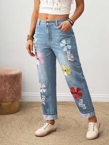 EMERY ROSE Quần jeans nữ dáng casual thêu hoa, có túi, rách. - Màu xanh lam - Xem 5