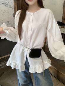FRIFUL 女士纯色圆领荷叶边袖口单排扣宽松休闲衬衫（夏季款） - 白色 - 查看 3