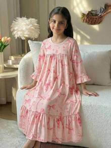 SHEIN Young Girl Knitted Round Neck Fitted Casual Nightgown Loungewear - Pink - View 1