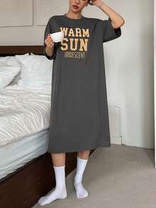 DAZY 宽松英伦印花短袖睡袍，女士睡衣裙 - 深灰色 - 查看 3