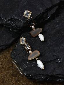 Opalesca 不对称宝石+多层珍珠耳环，长款设计，修饰脸型，奢华耳环，适合欧美时尚服饰 - 彩色 - 查看 4