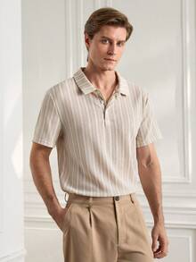 Officeau 男式前扣短袖条纹休闲 Polo 衫 - 咖啡棕 - 查看 1
