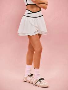 GLOWMODE 情人节双倍爱意，丝滑速干，UPF 50+ 防晒，交叉腰带，内置短裤，侧边口袋，双色双层裙摆，低冲击网球、高尔夫、匹克球运动，日常休闲穿着 - 白色 - 查看 6