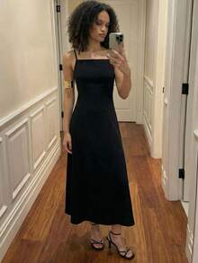 Maija 女士纯色简约休闲中长吊带裙 - 酒紅色 - 查看 7