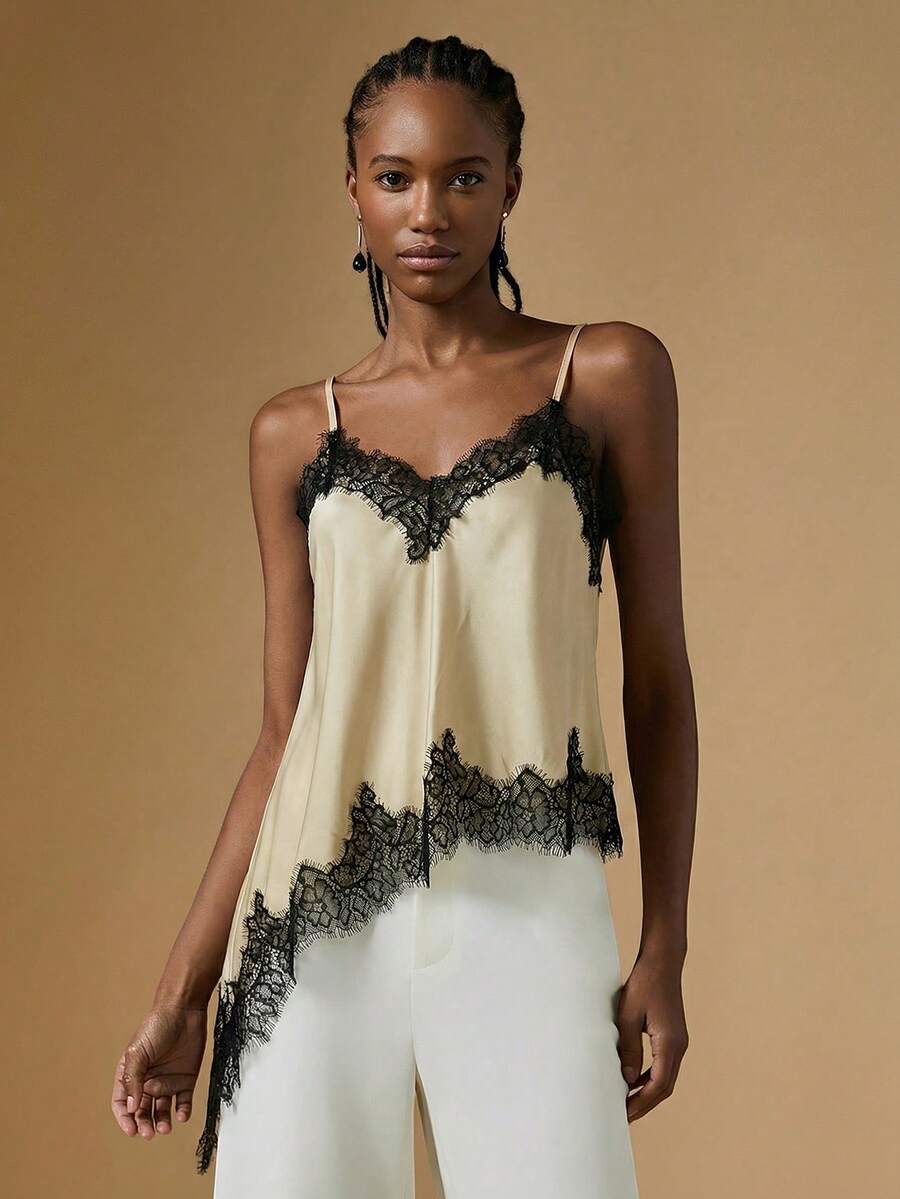 Briarwyn Áo camisole nữ phối ren, vạt bất đối xứng, kiểu dáng thường ngày, đa năng, thích hợp cho buổi hẹn hò hoặc buổi tối. - Màu Khaki - Xem 1
