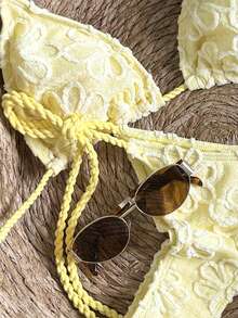 Swim Mod Women's Casual Vacation Beach Party Elegant Cute Solid Floral Knit Jacquard Bikini Two Pieces Swimwear, Spring/Summer Boho Bikini Set Butter Yellow Bikini Yellow Bathing Suit Set Lemon Bathing Suit Lemon Bikini - Pale Yellow - View 4
