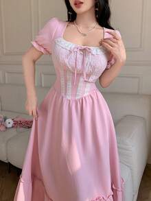 Celisse Pink Lace Patchwork Ruffle Hem Elegant Dress For Women - Pink - View 3