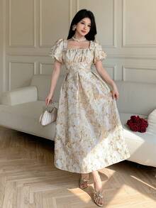 Celisse 方领收腰优雅连衣裙，采用3D压纹面料，A字中长款女式连衣裙 - 彩色 - 查看 4