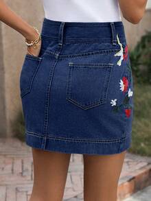 EMERY ROSE Chân váy denim nữ dáng suông, thêu hoa, có túi. - Màu xanh lam - Xem 2