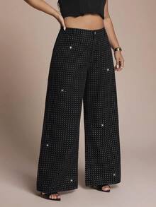 SHEIN Tall CURVE Pantaloni larghi neri con vita alta, decorati con cristalli, adatti per donna curvy, per occasioni casual, feste, matrimoni e compleanni - nero - Visualizzare 5