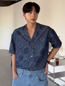 DAZY Áo sơ mi denim tay ngắn in họa tiết hoa điều màu xanh dương mùa hè dành cho nam - Màu xanh lam - Xem 4