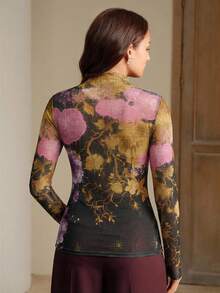 Anewsta Elegantes Top mit floralem Muster und Rüschenkragen, langärmeliges figurbetontes Top für Frauen, geeignet für Herbst, Eleganz, Chic, Neujahr, Lässig - Violett - Übersicht 2