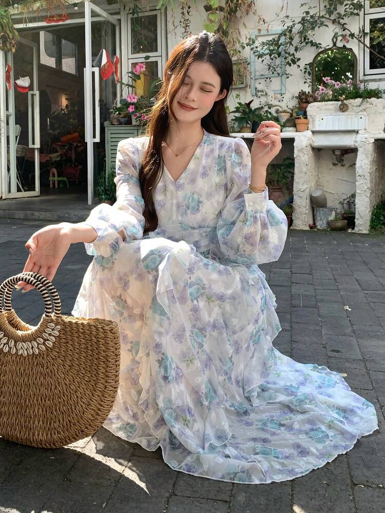 Women's V-Neck Long Sleeve Waist Cinched Long Elegant Dress