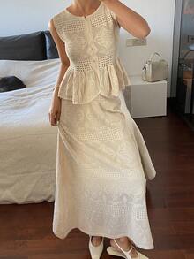 DAZY Women's Round Neck Sleeveless Frill Trim Cardigan And Loose Straight Long Skirt Elegant Vacation Style Knit 2-Piece Set - Apricot - View 7