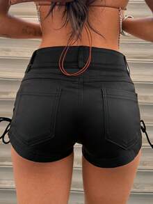 Jeanoix Quần short nữ dáng suông có túi và cúc, đa năng cho mặc hàng ngày. - màu đen - Xem 2