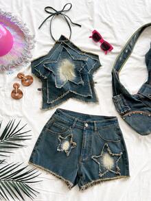 Soleia Spring/Summer New Casual Vacation Western Beach Wedding Guest Attire Graduation Brunch Women's Outfit St. Patrick's Day Spring Break Easter Music Festival Elegant Boho Tropical Backless Five-Pointed Star Tie-Up Denim 2-Piece Set - Multicolor - View 5