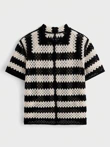 EASEVO Plus Size Men's Casual Vacation Colorblock Striped Short Sleeve Cardigan  Lightweight And Breathable  Dry And Cool  Soft And Skin-Friendly  Gentle And Close-Fitting - Black and White - View 7