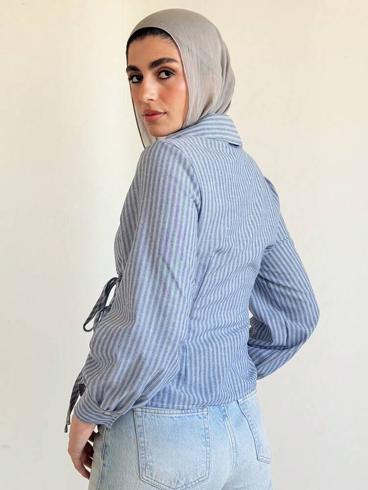 Contrast Stripe Tie-Waist Pleated Long Sleeve Lapel Casual Elegant Summer Blouse For Women