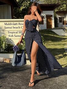 SHEIN VCAY 女式無肩帶圓點前打結上衣與側開岔裙套裝 - 藏蓝色 - 查看 7