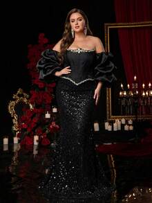 Glamrae Plus Size Gold Shawl Heavily Embellished Strapless Formal Gown - Black - View 3