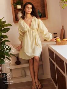 Lullawish 女士波西米亚风宽松休闲V领泡泡袖荷叶边下摆舒适休闲户外迷你度假提花家居连衣裙 - 黃色 - 查看 3