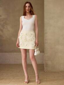 MOTF PREMIUM 2025 WOMEN'S NEW ARRIVAL 3D FLORAL DECOR WAIST CINCHED A-LINE SKIRT - Apricot - View 2