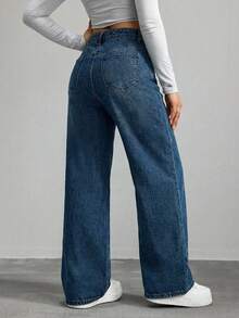 EURMUSE Casual Washed High Waist Straight Leg Jeans - Medium Wash - View 2