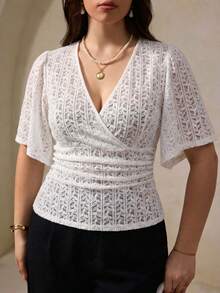 Elegantrix Women's Lace Blouse With Cross Collar And Ruffle Sleeves, French Casual Daily Top For Spring/Summer - White - View 5