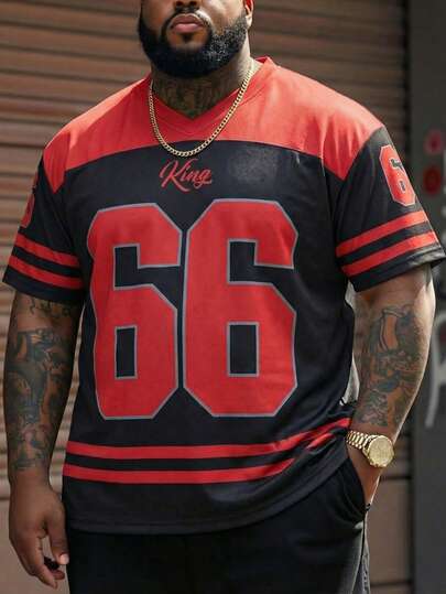 ResortEase 大码男式纯色拼布 V 领短袖数字印花休闲 T 恤