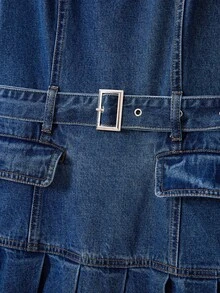 GlowEve 夏季休闲无袖褶裥下摆系带牛仔连衣裙 - 藍色 - 查看 12