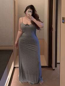 Dazy Plus 弹力波点睡裙，优雅蝴蝶结装饰，长款加大码女式红色睡衣 - 灰色 - 查看 4